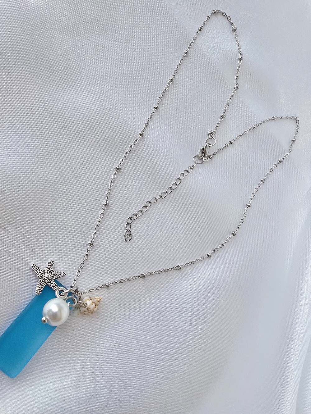 Silver-tone Blue Sea Glass Pendant Necklace with Pearl & Starfish Charm